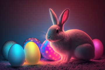 Wall Mural - Easter bunny near glowing eggs against neon light background