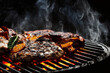 grilling with meat on the grate and charcoal fire, meat or vegan meat substitutes with smoke and a hot flame. Generative AI