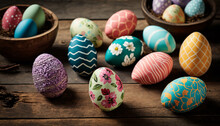 Colorful Easter Eggs On Wooden Background, Generative AI