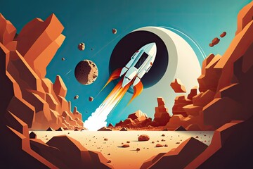 Canvas Print - Spaceship blasts off into the void. Planetary colonization on Mars, astronomy, and space travel are all depicted in this illustration. A journey through space. Initial settlements. Terraforming. Crea