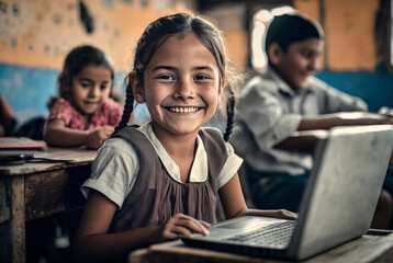 a young little toddler with a laptop at a small desk in a classroom at a school with other school children, outdated classroom and technology, poverty or neglect. Generative AI