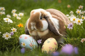 Wall Mural - Adorable Bunny With Easter Eggs In Flowery Meadow stock photo Easter, Backgrounds, Easter Egg, Rabbit - Animal, April