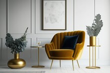 A Comfortable Setting With A Chic Velvet Chair, Carpet On The Floor, A Background Of Copy Space, A Gold Table, And Attractive Personal Items. Stylish Living Room In A Historic Home. Generative AI