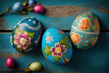 Wall Mural - Beautiful colorful easter eggs on blue wooden