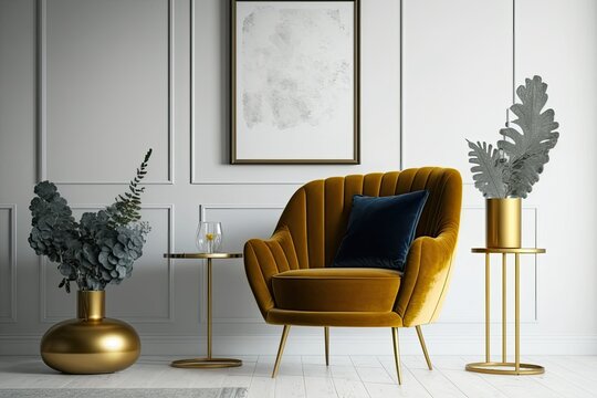 a comfortable setting with a chic velvet chair, carpet on the floor, a background of copy space, a g