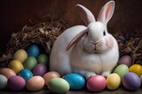 Fototapeta Dinusie - A cheerful white rabbit is sitting surrounded by colorful Easter eggs