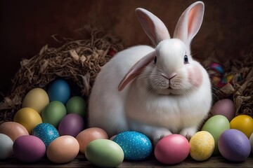 Wall Mural - A cheerful white rabbit is sitting surrounded by colorful Easter eggs