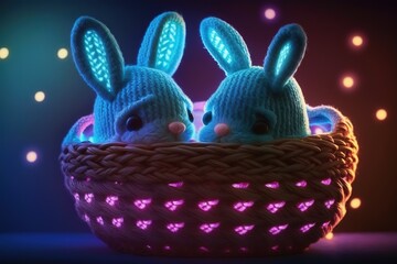 Wall Mural - two Easter eggs in knitted hats with bunny ears in a wicker basket. Blue background with neon illumination