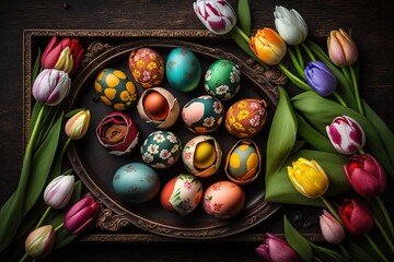 Wall Mural - Tray of brightly colored Easter eggs surrounded by tulips