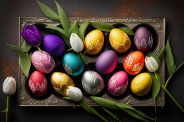 Wall Mural - Tray of brightly colored Easter eggs surrounded by tulips