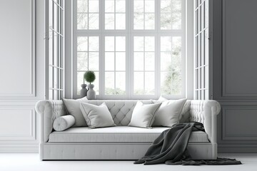 Wall Mural - Interior design concept with sofa bed near window in white room. Generative AI