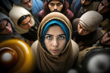 Canvas Print - Muslim woman at a middle eastern city street market looking at the camera. generative AI