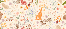 Autumn Seamless Rabbit Paper Cut With Doodle Flower,Leave On Orange Background,Fall Background Banner Of Cute Hand Drawn Colourful Wild Flower And Bunny,Vector Fancy Hare For Wrapping,Wallpaper