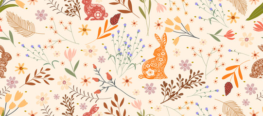 Autumn Seamless Rabbit Paper Cut with Doodle Flower,Leave on Orange Background,Fall background banner of Cute hand drawn colourful wild flower and Bunny,Vector fancy hare for Wrapping,Wallpaper