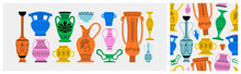 Classical Greek Vase Decoration Cartoon Pattern Illustration Set. Colorful Trendy Museum Jar Background Print Collection, Ancient Pottery Doodle Wallpaper.