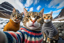 A Group Of Cats Wearing Cat Sweaters Taking A Selfie.Snowy Mountain Background.Created With Generative Ai