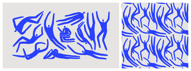 Abstract blue people body pattern illustration set. Vintage collage style figure background collection of men and women in diverse poses.