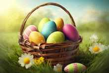 Colorful Easter Eggs In A Woven Basket On A Green Lawn - Generative Ai