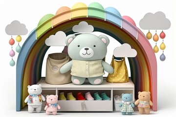 Wall Mural - Children's clothing and toy banner for online and brick and mortar stores; social media web design for sales; trade show; baby product display podium with teddy bear, toy, and rainbow. Generative AI