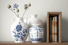Interior Still Life With Blue White China Porcelain Vase On Bookshelf, Table, White Background. Generative AI