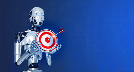 Wall Mural - 3d rendering smart robot showing virtual red business target icon, holding by hands with digital data on blue background with copy space. Ai robotic, artificial intelligence human cyborg machine.