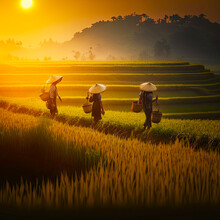 Artificial Intelligence Illustration Of Vietnamese Farmers Cultivating Rice In A Summer Sunset.
