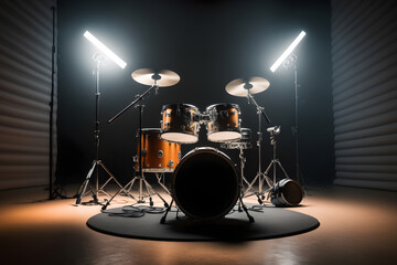 Drum set on stage for band with spot lighting spotlight. Generation AI