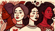 Banner for International Women's Day. Four women from different together. Women empowerment. Latin American women. Illustration created with artificial intelligence. generative ai.