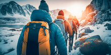 Group Tourists Of Hiker Sporty People Walks In Winter Mountains At Sunset With Backpacks. Concept Adventure With Copy Space. Generation AI