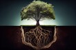 Tree with root system going deep into the ground, soil cross, absorption system water GENERATIVE AI