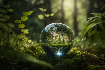 Wall Mural - Environment conservation concept. Close up of glass globe in the forest. Generative AI