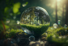 Environment Conservation Concept. Close Up Of Glass Globe In The Forest. Generative AI