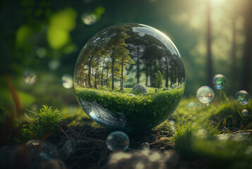 Wall Mural - Environment conservation concept. Close up of glass globe in the forest. Generative AI