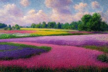 Flowers Paintings Monet Painting Claude Impressionism Paint Landscape Flower Meadow Oil Pink Purple Flowers Wildflower In Blue Green Grass Closeup. Generative AI
