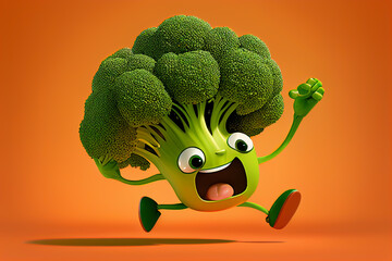 Broccoli Cartoon on orange background, Ai Generative illustration. Funny vegetable. Cheerful cartoon character broccoli runs and jumps with a smile on his face.