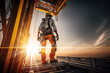 © Nokhoog - construction engineer worker at heights,architecture sci-fi construction working platform on top of building, suspended cables, fall protection and scaffolding installation,generative ai.