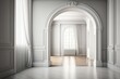 Empty room interior design in white and gray tones, classic open space with parquet wooden floor, molded walls, arched doors with curtains, neoclassic architecture concept idea, illustration