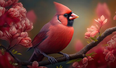 Wall Mural - Detailed realistic illustration of beautiful male red cardinal in garden. Virginian cardinal on the branch among leaves and flowers in forest. Generative AI art.