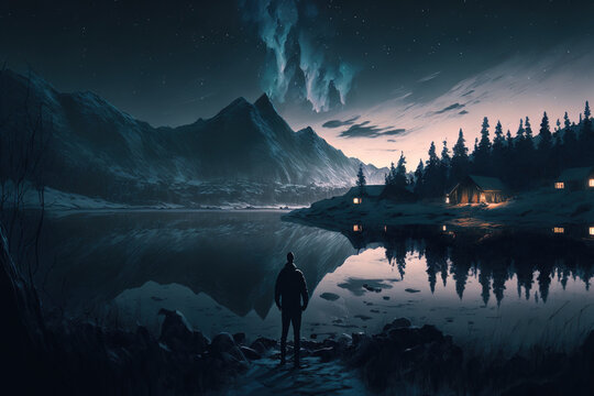 Man alone among the northern lights picturesque countryside with a lake and stars at night. Generative AI
