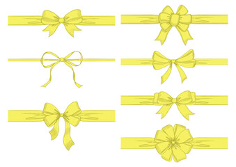 Vintage style decorated long yellow bow and ribbon. Hand drawn vintage line art vector illustration.