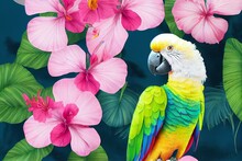 Pink Parrot With Hibiscus Flowers And Palm Leaves, Exotic Birds On Isolated Background. Watercolor Illustration. Cockatoo. Generative AI