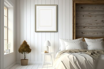 Wall Mural - Cozy rural house bedroom. Wooden frame template. Sunrise. Generative AI