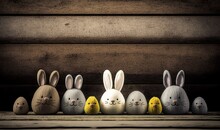  A Row Of Painted Easter Eggs In The Shape Of Bunnies With Faces Of Rabbits And Chicks On A Wooden Surface With A Dark Background.  Generative Ai