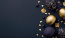  A Group Of Gold And Purple Easter Eggs On A Dark Blue Background With Gold Confetti Around Them And A Black Background With Gold Dots.  Generative Ai