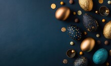  A Group Of Gold And Blue Easter Eggs On A Blue Surface With Confetti Scattered Around Them On A Dark Blue Background With Gold Dots.  Generative Ai