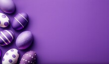  A Group Of Purple And White Easter Eggs On A Purple Background With Polka Dot Dots On The Egg Shell, With Space For A Text Ornament.  Generative Ai