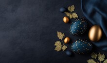  Three Golden And Blue Decorated Eggs On A Black Background With A Blue Satin And Gold Leafy Decoration On The Left Side Of The Image.  Generative Ai