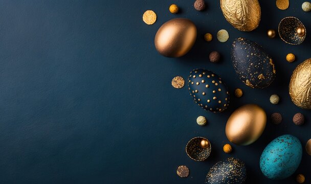 a group of gold and blue easter eggs on a blue surface with confetti scattered around them on a dark