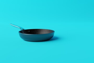 Canvas Print - Black frying pan on a blue background. The concept of frying, cooking. Buying equipment for the kitchen, dishes. 3d render.