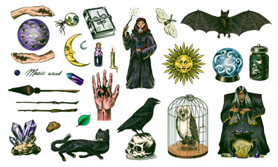 Witch brews a potion in a cauldron. Magic ball, book of spells, black cat, beldam and sorcery, Crow on skull. Sun and a Crescent moon with face. Halloween elements. Hand drawn engraved vintage sketch